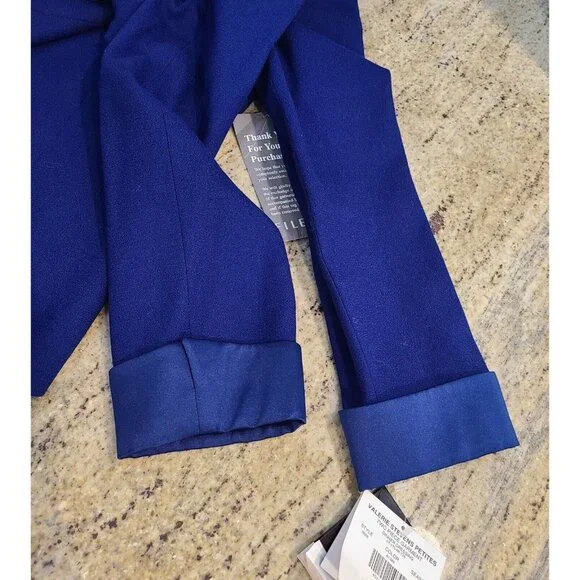 New! Valerie Steven Evening Dinner Sz 10 Petite Blue Skirt Suit Satin Lapel Wool